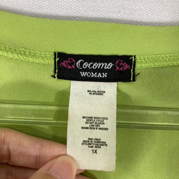 Cocomo Lime Green V Neck Boho Print‎ Beaded Stretch Pullover Top 1X Festival - Picture 2 of 8